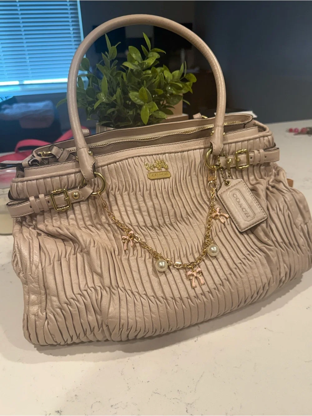 Coach Pleated Pebbled Leather Satchel in Blush